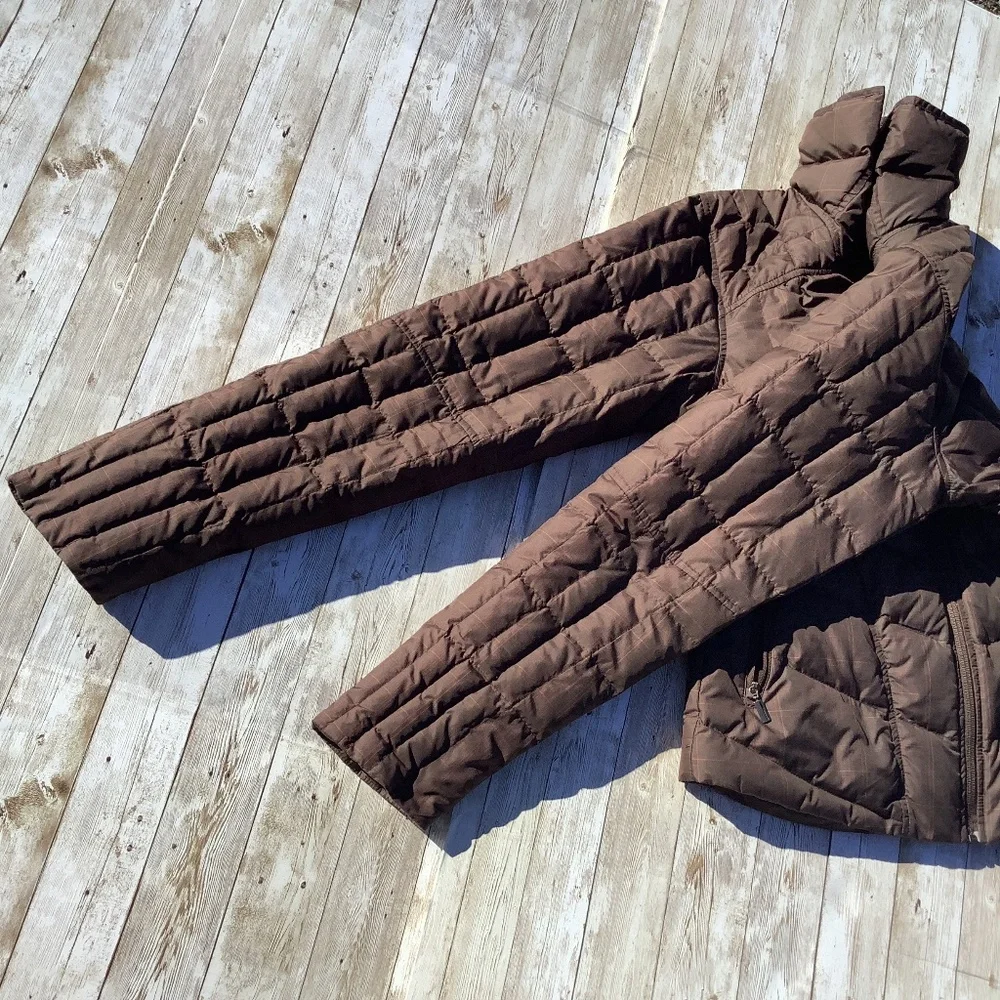 NAU Women Goose Down Puffer Jacket Plaid Brown XS extra small (easily can fit S) - Picture 8 of 15